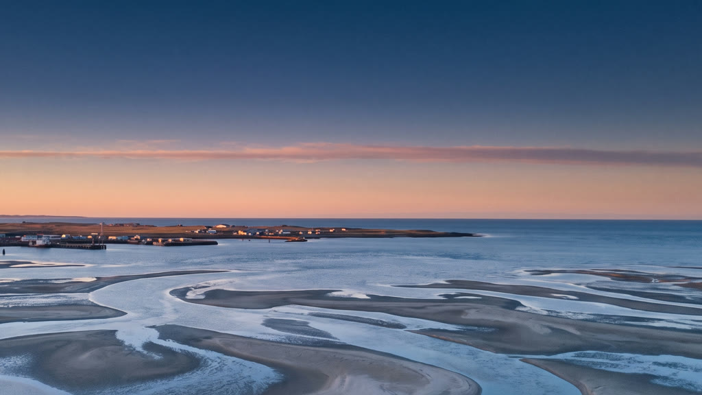 Sandbanks and tidal channels in an estuary at dawn, with a small town on the horizon.