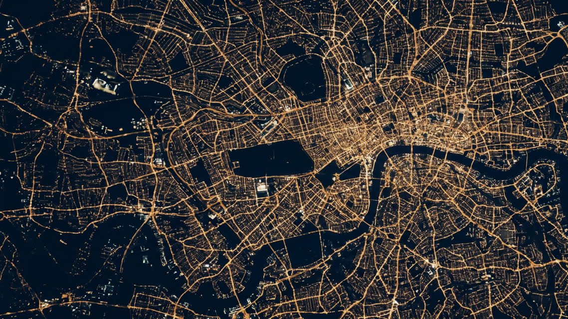 A city's street lights at night, seen from directly above, with a river winding through.