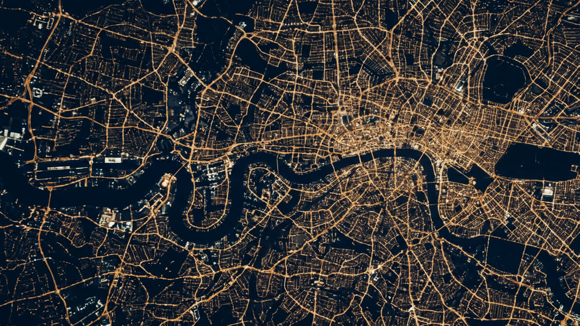 The street grid of a large city lit up at night, with a dark river curving through the centre.