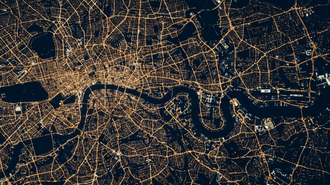 The street grid of a large city lit up at night, with a dark river curving through the centre.